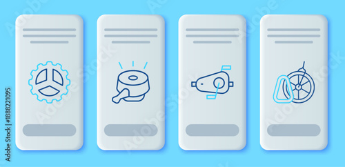 Set line Bicycle bell, pedals, sprocket crank and parking icon. Vector