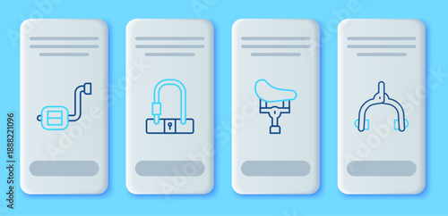 Set line Bicycle lock, seat, pedal and brake calipers icon. Vector