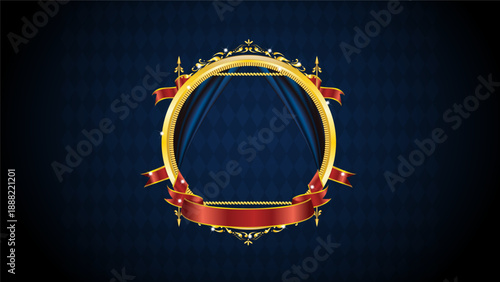 Elegant blue and gold oval frame featuring satin curtains and a red silk banner or ribbon set against a dark navy blue diamond pattern background with sparkling light effects