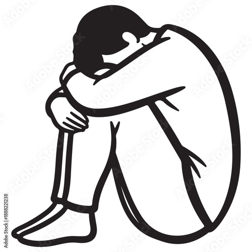 Stylized Figure Huddled in White on Black and White Background