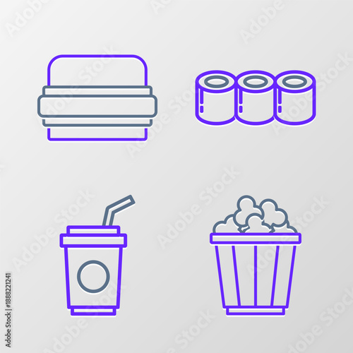 Set line Popcorn in box, Paper glass with straw, Sushi and Burger icon. Vector