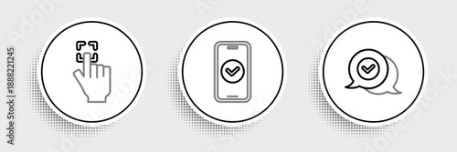 Set line Check mark in speech bubble, Fingerprint and Smartphone icon. Vector