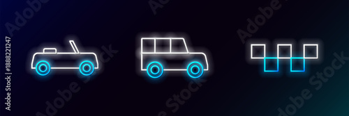 Set line Taxi car roof, Car and icon. Glowing neon. Vector
