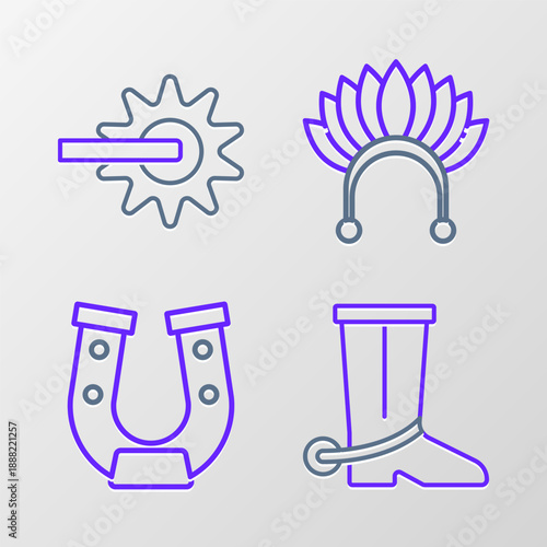 Set line Cowboy boot, Horseshoe, Indian headdress with feathers and Spur icon. Vector