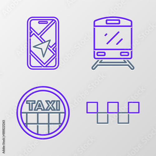 Set line Taxi car roof, Train and City map navigation icon. Vector
