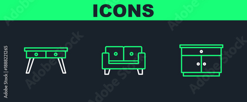 Set line Furniture nightstand, Office desk and Sofa icon. Vector
