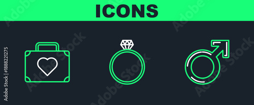 Set line Male gender symbol, Suitcase for travel with heart and Diamond engagement ring icon. Vector