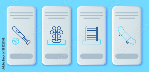 Set line Ferris wheel, Swedish wall, Baseball bat with ball and Skateboard trick icon. Vector