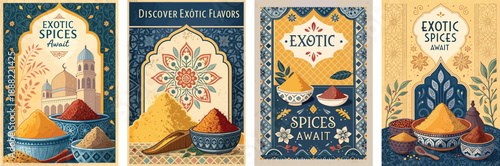 Colorful vintage spice illustrations featuring various spices and decorative patterns.