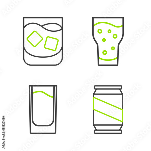 Set line Beer can, Shot glass, Glass of beer and whiskey icon. Vector