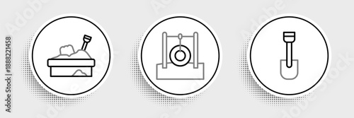 Set line Shovel toy, Sandbox with sand and Car tire hanging on rope icon. Vector