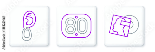 Set line Vinyl disk, Ear with earring and 80s Retro icon. Vector