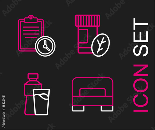 Set line Big bed, Bottle of water with glass, Vitamin pill and Sport training program icon. Vector