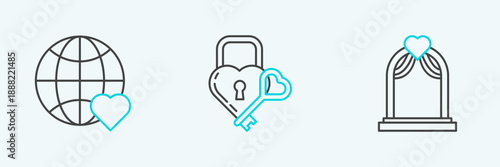 Set line Wedding arch, The heart world love and Castle the shape of and key icon. Vector
