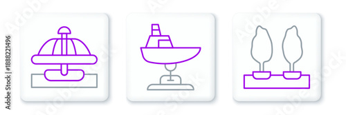 Set line Forest, Attraction carousel and Swing boat icon. Vector