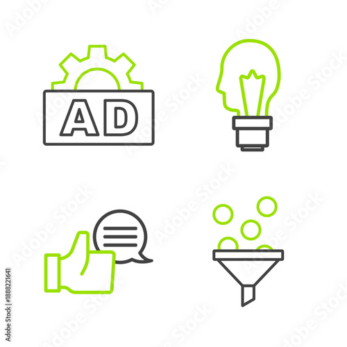Set line Lead management, Customer product rating, Light bulb with concept of idea and Advertising icon. Vector