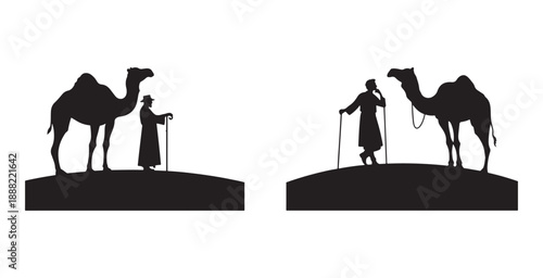 Camel and desert traveler silhouette vector set. Ancient caravan nomad illustration
