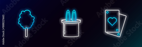 Set line Playing card, Cotton candy and Magician hat rabbit ears icon. Glowing neon. Vector