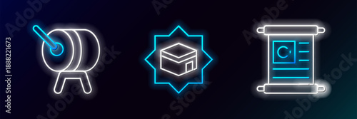 Set line Holy book of Koran, Ramadan drum and Kaaba mosque icon. Glowing neon. Vector