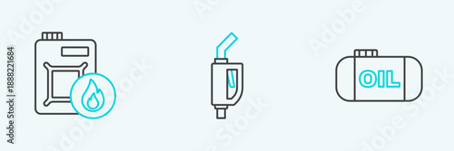 Set line Oil tank storage, Canister for motor oil and Gasoline pump nozzle icon. Vector