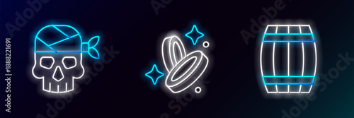 Set line Wooden barrel, Pirate captain and coin icon. Glowing neon. Vector