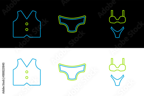 Set line Swimsuit, Waistcoat and Men underpants icon. Vector