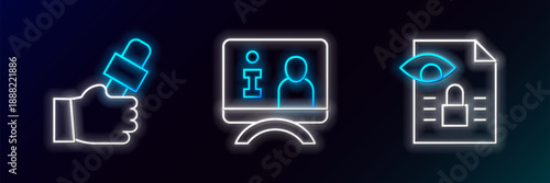 Set line Journalistic investigation, news and Television report icon. Glowing neon. Vector