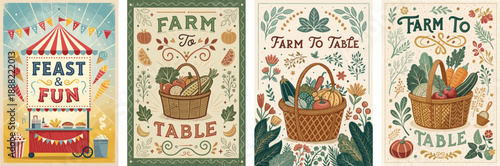Colorful vintage-style illustrations celebrating farm-to-table concepts and harvest.