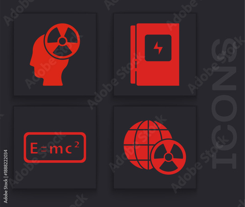 Set Planet earth and radiation, Head and radiation symbol, Electrical panel and Equation solution icon. Vector