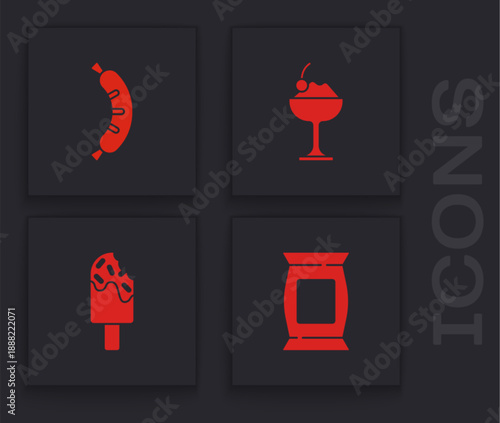 Set Bag or packet potato chips, Hotdog, Ice cream in bowl and icon. Vector
