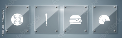 Set Baseball helmet, Burger, bat and . Square glass panels. Vector
