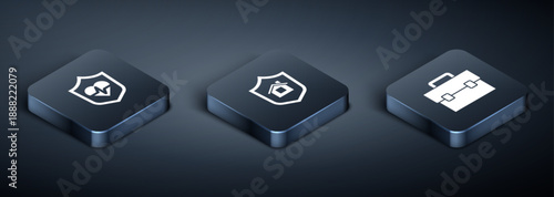 Set Isometric Life insurance with shield, Briefcase and House icon. Vector