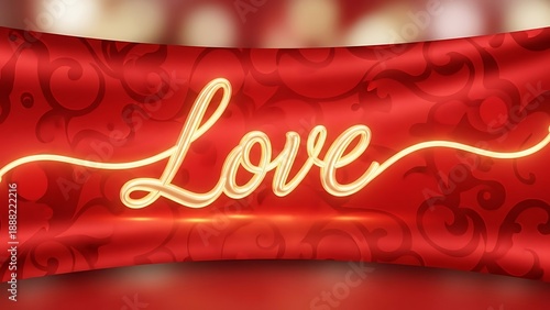 Luxurious golden 'Love' script on a rich red textured ribbon background with ornate swirls