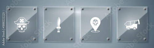 Set Cannon, Location pirate, Pirate sword and captain. Square glass panels. Vector
