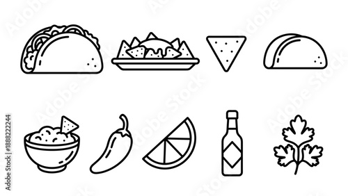 Minimalist Vector Icon Set of Mexican Food Featuring Taco, Nachos, Tortilla Chip, Guacamole Bowl, Chili Pepper, Lime Wedge, Hot Sauce, and Cilantro in Clean Black and White Line Art Style