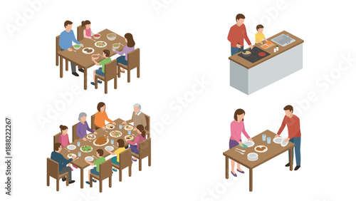 Isometric Vector Illustration Set of Family Dinner Scenes Featuring People Cooking Together, Eating a Meal at the Table, Setting the Dining Table, and a Large Extended Family Holiday Feast