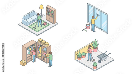Isometric vector illustration set of people performing spring cleaning chores including vacuuming a living room, washing windows, organizing a wardrobe closet, and sweeping an outdoor patio.