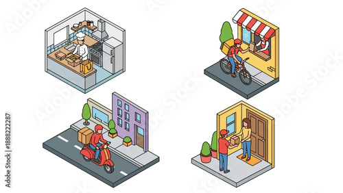 Isometric Vector Illustration Set of Food Delivery Scenes: Chef Packing Meals, Courier on a Bicycle, Scooter Driver in the City, and Doorstep Delivery to a Customer at Home.