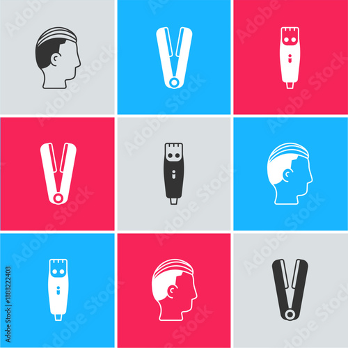 Set Hairstyle for men, Curling iron hair and clipper icon. Vector