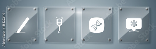 Set Location hospital, DNA symbol, Crutch or crutches and Surgery scalpel. Square glass panels. Vector