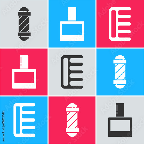 Set Classic Barber shop pole, Aftershave and Hairbrush icon. Vector