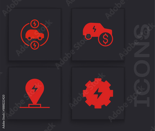 Set Gear and lightning, Electric car, price and Charging parking electric icon. Vector