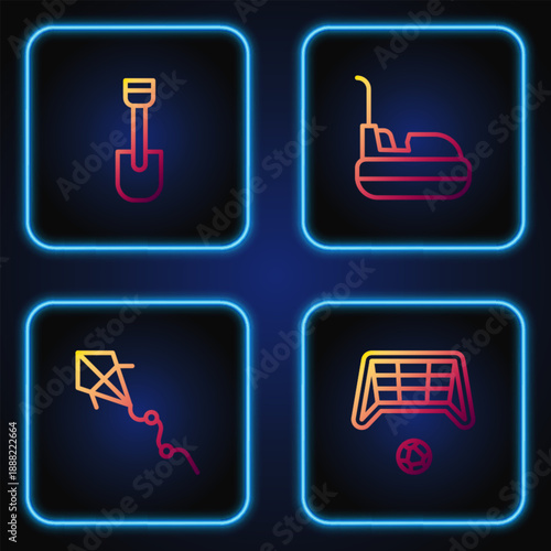 Set line Soccer goal with ball, Kite, Shovel toy and Bumper car. Gradient color icons. Vector