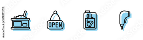Set line Bottle of olive oil, Tin can with caviar, Hanging sign Open and Scanner scanning bar code icon. Vector