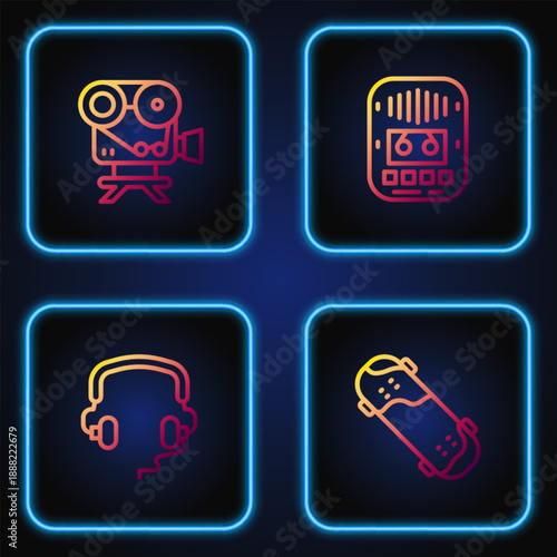 Set line Skateboard trick, Headphones, Retro cinema camera and Cassette tape player. Gradient color icons. Vector