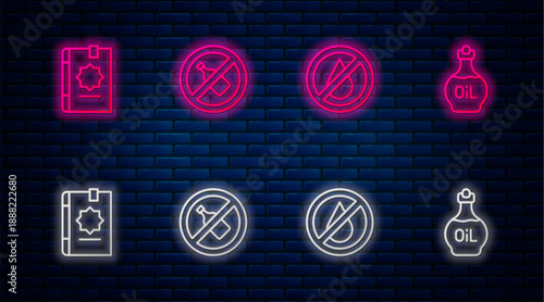 Set line No alcohol, water, Holy book of Koran and Essential oil bottle. Glowing neon icon on brick wall. Vector