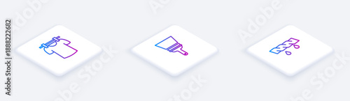 Set Isometric line Drying clothes, Rubber cleaner for windows and Squeeze. White square button. Vector