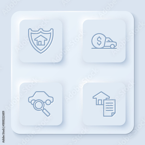 Set line House with shield, Car rental, sharing and contract. White square button. Vector