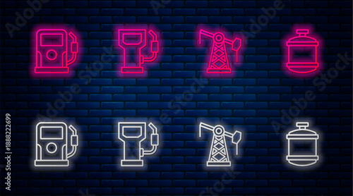 Set line Petrol or gas station, Oil pump pump jack, and Propane tank. Glowing neon icon on brick wall. Vector
