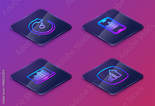 Set Isometric line Digital speed meter, Laptop with graph chart, Mobile and Financial growth. Blue square button. Vector